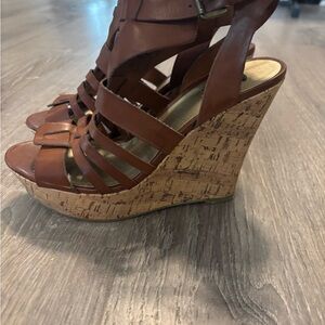 G by Guess Brown Strappy Cork Wedge Sandals